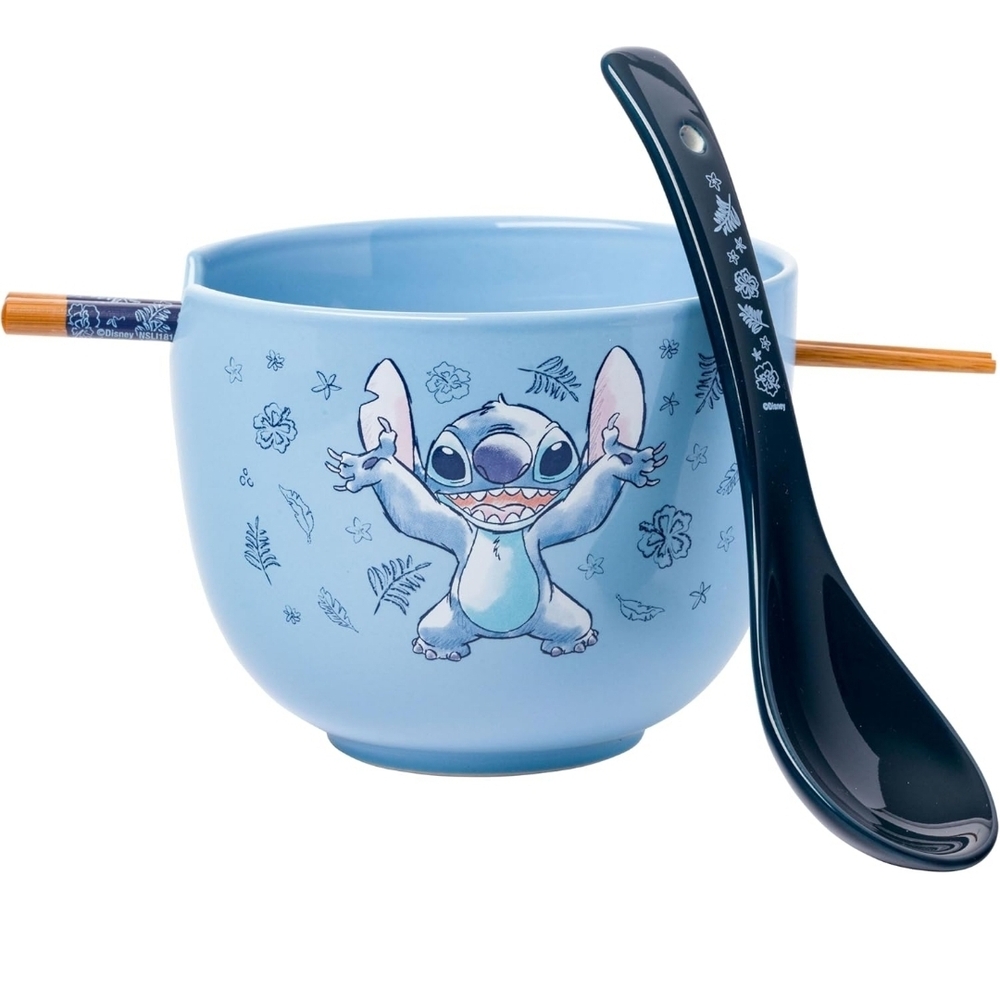 Disney Stitch Ceramic Ramen‎ Bowl with Chopsticks 20 oz Blue Floral